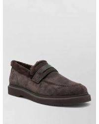 Brunello Cucinelli - Suede Penny Loafers Shearling Lining Monili Insert - Lyst