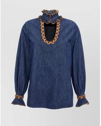 Valentino Garavani - Chambray Denim Top Embroidered Ruffles - Lyst