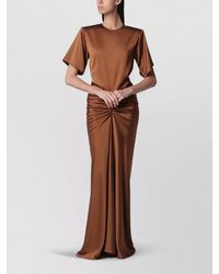 ANDAMANE - Floor Length Ruched Satin Dress Short Sleeves - Lyst
