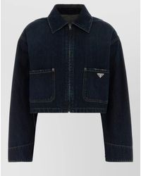 Prada - Cropped Denim Jacket Structured Collar Long Sleeves - Lyst