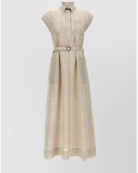 Brunello Cucinelli - Linen Dress With Belted Waist And Pockets - Lyst