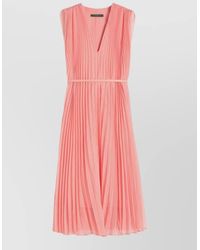 Max Mara - V Neck Sleeveless Belted Pleated Midi Dress - Lyst