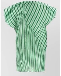 Issey Miyake - Striped Pleated High Neck Short Sleeve Blouse - Lyst
