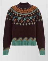 Alanui - Virgin Wool Jacquard Knit Fair Isle Palm Tree Wave Pattern Ribbed Crewneck Jumper - Lyst