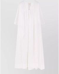 Aspesi - Cotton V-Neck Gathered Puff-Sleeve Midi Dress - Lyst