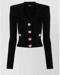 Balmain - Cropped Ribbed Knit Cardigan With Structured Shoulders - Lyst