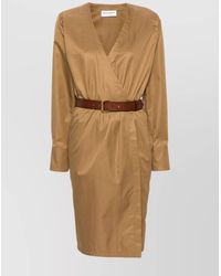 Saint Laurent - Cotton Twill V-Neck Belted Long-Sleeve Midi Dress - Lyst