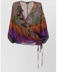 Etro - Silk Paisley-Print Wrap Ruffled V-Neck Short-Sleeve Blouse - Lyst