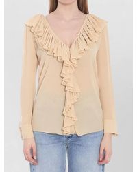 Saint Laurent - Silk Semi-Sheer Ruffled V-Neck Blouse - Lyst