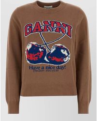Ganni - Cotton Crew Neck Graphic Knit Sweater - Lyst