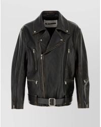Jil Sander - Leather Jacket Featuring Belted Waist And Zip Pockets - Lyst