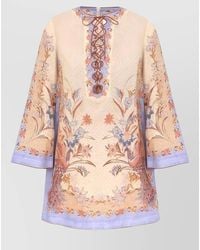 Zimmermann - Linen Floral-Print Long-Sleeve Tunic Mini Dress - Lyst