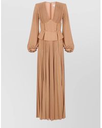 Elisabetta Franchi - Lurex Jersey V-Neck Long-Sleeve Pleated Maxi Dress - Lyst