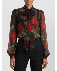 Dolce & Gabbana - Silk Floral-Print Tie-Neck Long-Sleeve Blouse - Lyst