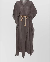 120% Lino - Belted Waist Kimono Sleeves Midi Dress - Lyst
