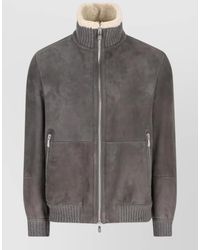 Brunello Cucinelli - Silk Nylon Short Coat Shearling Collar Ribbed - Lyst