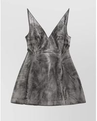 Marni - Leather Sleeveless Plunging V-Neck Flared Mini Dress - Lyst