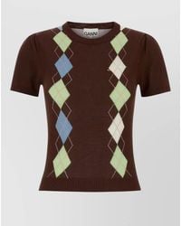 Ganni - Organic Cotton Argyle Crewneck Short Sleeve Sweater - Lyst