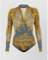 Versace - Printed V-Neck Long-Sleeve Bodysuit - Lyst