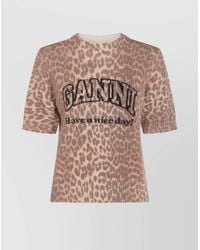 Ganni - Leopard-Print Wool Short-Sleeve Crewneck Knitted Top - Lyst