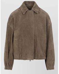 Brunello Cucinelli - Suede Leather Jacket Collared Elasticated Cuffs - Lyst