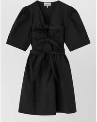 Ganni - Organic Cotton V-Neck Short-Sleeve Belted Mini Dress - Lyst
