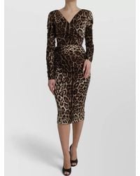 Dolce & Gabbana - Silk Leopard-Print V-Neck Long-Sleeve Midi Dress - Lyst