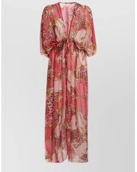 Guess - Dress Bold Print Kimono Sleeves Sheer Waist Tie V Neckline - Lyst