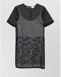 P.A.R.O.S.H. - Silk Floral-Embroidered Short-Sleeve Knee-Length Dress - Lyst