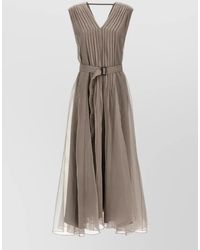 Brunello Cucinelli - Silk Sleeveless V-Neck Pleated Maxi Dress - Lyst