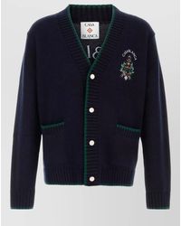 CASABLANCA - Wool Blend Cardigan Embroidered Contrast Trim Pockets - Lyst