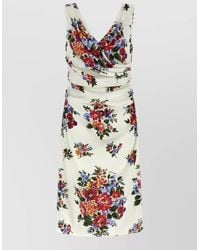 Dolce & Gabbana - Viscose Satin Floral Print Draped V-Neck Sleeveless Knee-Length Dress - Lyst