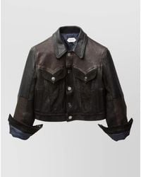 Versace - Leather Jacket Cropped Contrast Panels Pockets - Lyst