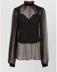 Nina Ricci - Silk Ruffled High Neck Sheer Yoke Long Sleeve Blouse - Lyst