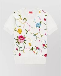 KENZO - Silk Wool Floral Embroidered Ribbed Short Sleeve Sweater - Lyst