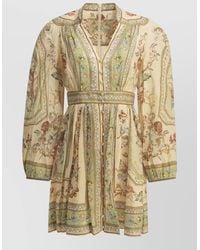 Zimmermann - Linen Floral-Print V-Neck Long-Sleeve Mini Dress - Lyst