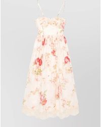 Zimmermann - Linen Floral-Print Sweetheart-Neck Midi Dress - Lyst