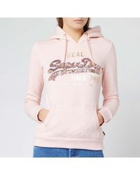 Superdry V Logo Sequin Line Entry Hoody - Pink