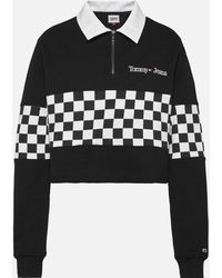 Tommy Hilfiger Organic Cotton-blend Boxy Crop Checker Zip Long Sleeve Polo - Black