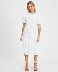 Glamorous Puff Sleeve Tiered Midi Dress - White