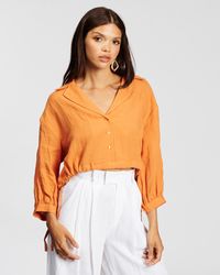 AERE Linen Cropped Shirt - Orange