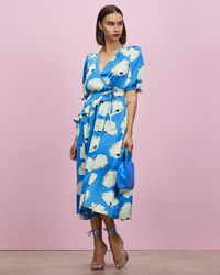 TOPSHOP Splodge Flower Ruffle Textured Wrap Midi Dress - Blue