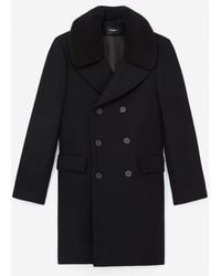 The Kooples Long Black Wool Coat With Sheepskin Collar