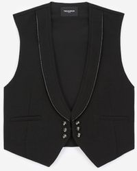 The Kooples Zwarte Gilet Van Wil Met Detail Uit Leer