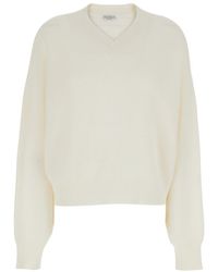 Brunello Cucinelli - Sweater With V-Neck And Ribbed Design - Lyst