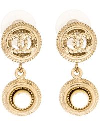 Chanel Cc Faux Pearl Textured Gold Tone Drop Earrings - Metallic