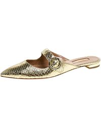 Aquazzura Metallic Gold Snake Leather Blossom Pointed Toe Flat Mules Size 37.5