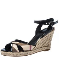 Burberry Black Patent Leather And Novacheck Canvas Espadrille Wedge Sandals Size 36.5