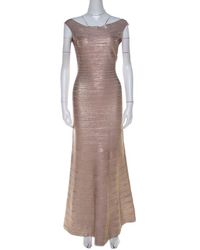 Hervé Léger Rose Gold Foil Print Sophia Bandage Mermaid Gown S - Pink