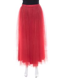 Dior Christian Red Tulle Overlay Gathered Midi Skirt M